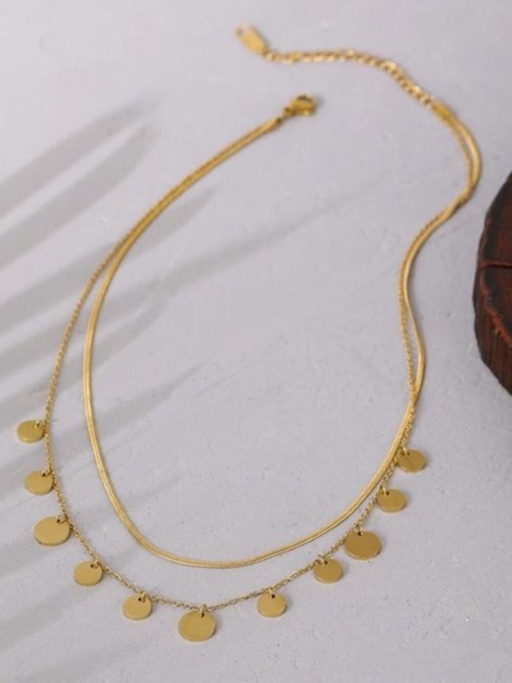 New 18K Gold Plated Coin Drop Double Layer Herringbone Necklace
